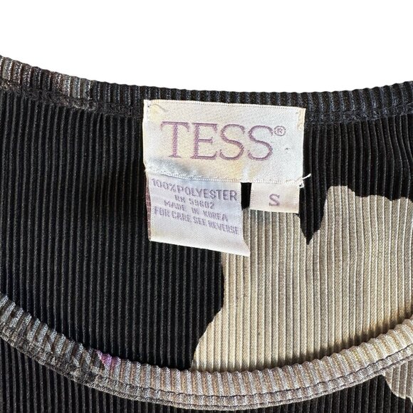 Vintage 90s Tess Pleated Floral Dress Black Ribbed Sheath Made In Korea Small - Picture 4 of 9